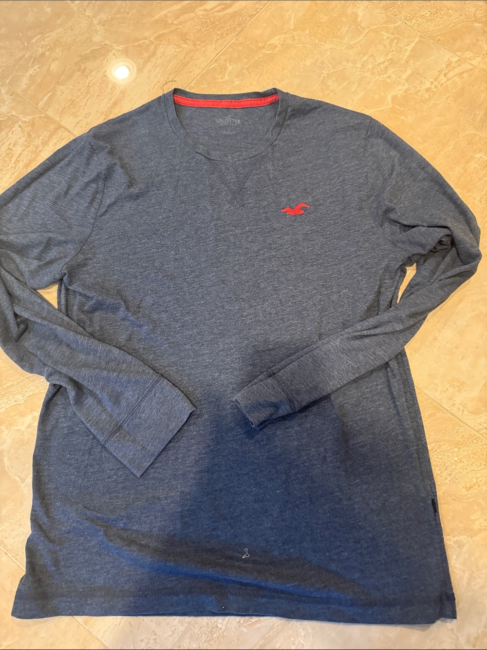 Hollister Men’s Long-Sleeve Crew Tee - Blue with Red Logo